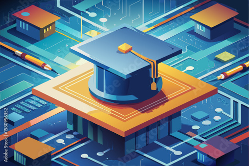 Isometric Graduation Cap on Circuit Board Digital Education and Technological Advancement