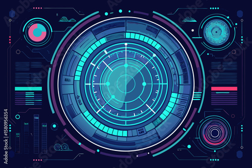 Futuristic HUD Interface with Circular Design and Data Visualization Elements on Dark Background