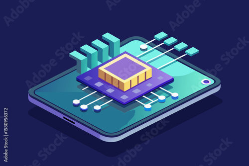 Isometric Smartphone with Central Processing Unit and Data Representation on Dark Background