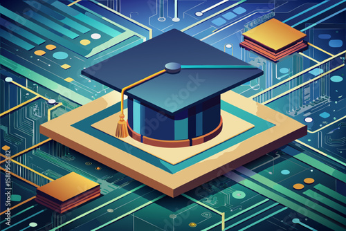 Digital Graduation A Mortarboard on a Circuit Board Landscape Illustration