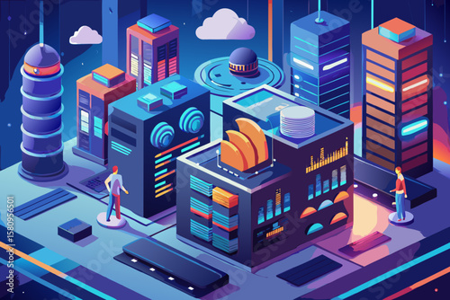 Isometric Cityscape with Data Centers Clouds and People in a Futuristic Design