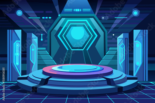 Futuristic Platform Room with Glowing Blue Accents and Geometric Design Elements