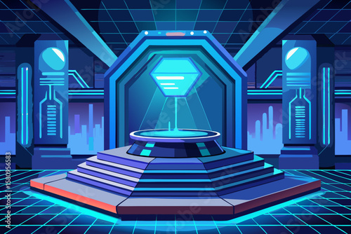 Futuristic Laboratory with Glowing Platform and Holographic Display in a Cyberpunk Setting