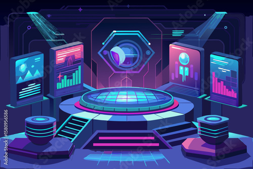 Futuristic Control Room with Holographic Displays and Platform in Neon Colors