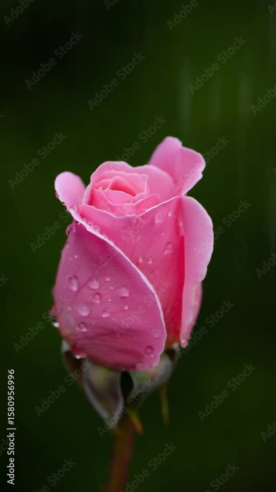Rose Bud Close Up, Dew Drops, Vibrant Colors 4K HD Video Footage Download, Delicate Petals, Natural Lighting, Dark Green Background, High Resolution, Photorealistic