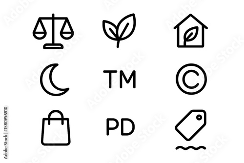 Minimalist linear icons: eco, legal, and shopping symbols set on gray background