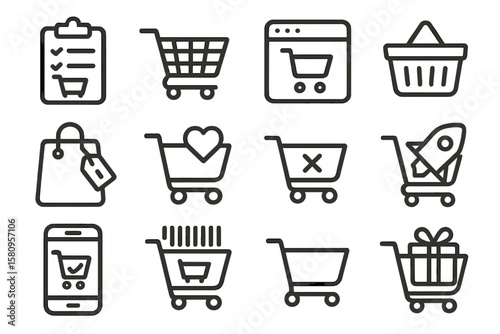 E-commerce shopping icons: online retail cart and basket symbols