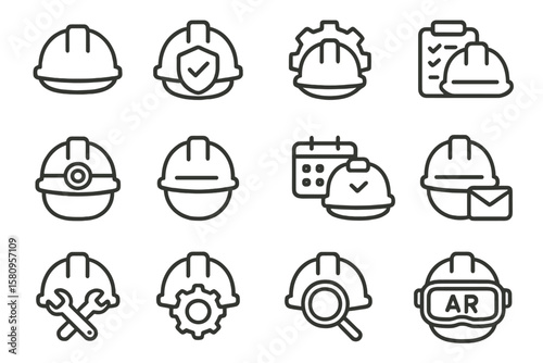 Construction safety icons set: minimalist line art of helmets and tools