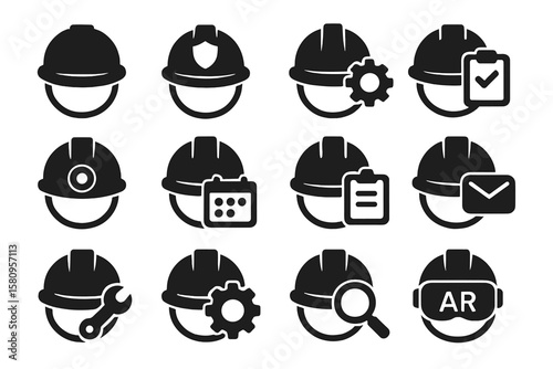 Construction helmet icons: modern silhouette set featuring tools and symbols