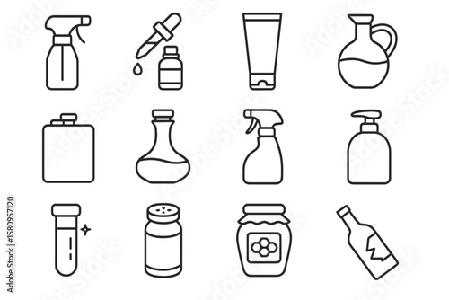 Set of linear household and cosmetic bottle icons on dark background