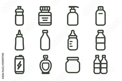 Minimalist icons of various bottles and containers on brown background