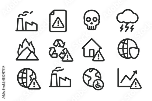 Set of linear environmental hazard icons in dark gray theme