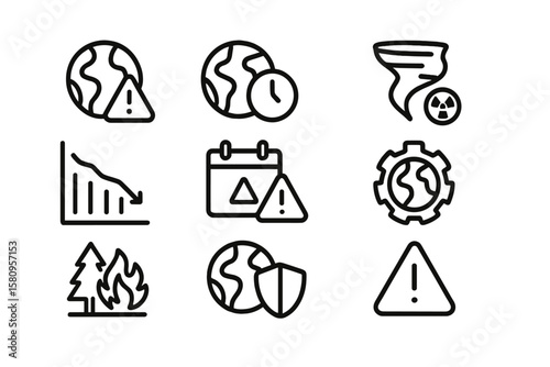 Environmental alert icons: climate change, natural disasters, global warming symbols