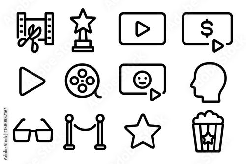 Linear icons set of movie and cinema elements with awards and popcorn theme