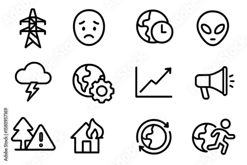 Minimalistic icon set on global issues and natural disasters in linear style