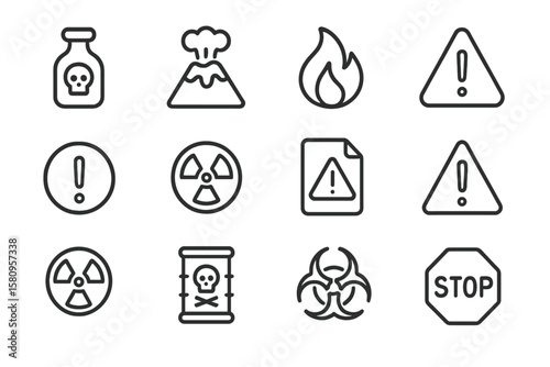 Set of hazard warning symbols on dark background for safety signage