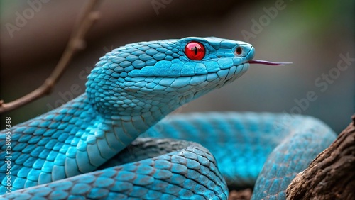 Close-Up of a Vibrant Blue Pit Viper with Striking Red Eyes and Forked Tongue