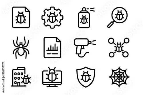 Bug detection icons set: dark linear symbols for cybersecurity and analysis