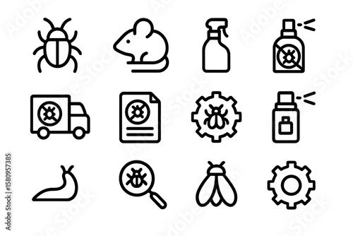 Pest control icons set: linear style rodent, insect, and chemical symbols