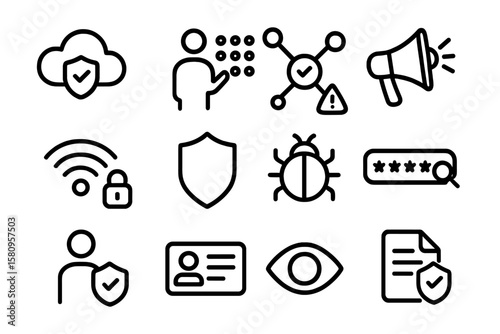 Minimalist cybersecurity icons set for digital protection and privacy