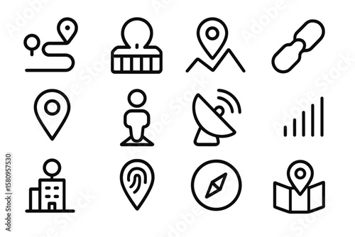 Minimalist location and navigation icons set on dark background