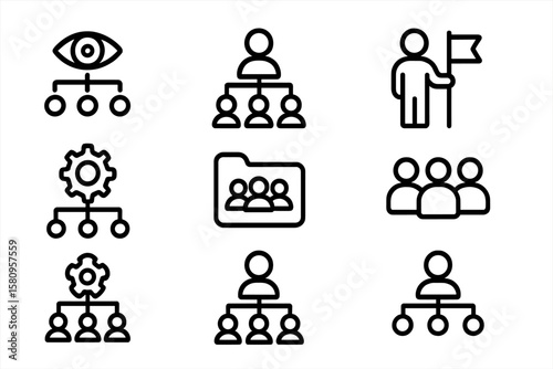 Minimalistic outline icons of organizational structures and teamwork concepts
