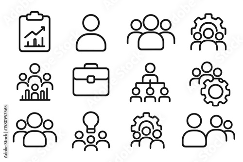 Black linear business icon set on dark background featuring people and gear