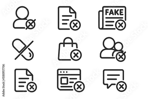 Set of outline icons for privacy and restricted access concepts on dark background