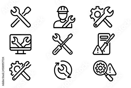 Outline style icons for maintenance and repair tools and equipment