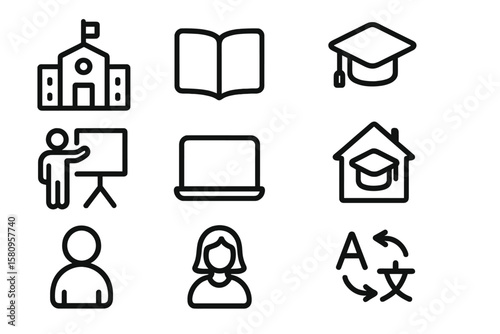 Education icons: school, graduation, online learning, teaching tools