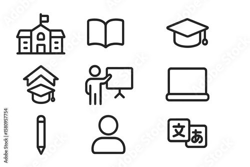 Education and learning icons in simple black line style