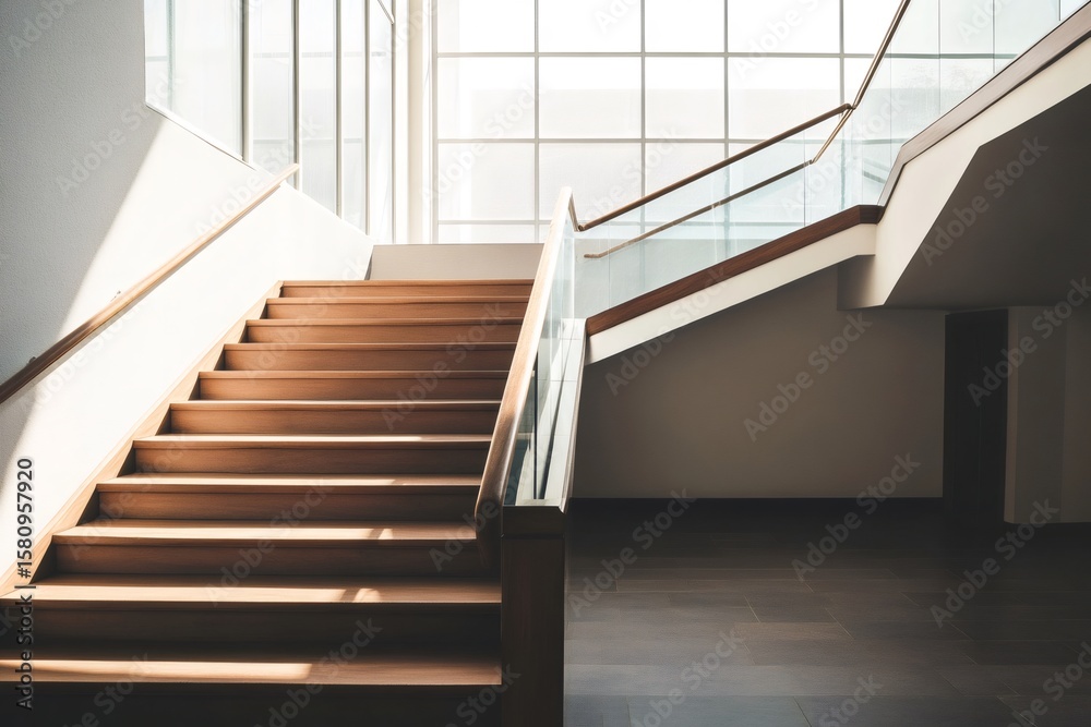 Obraz premium Sunlight streaming through a modern building, highlighting an elegant wooden staircase with a sleek glass railing, creating a bright, minimalist ambiance