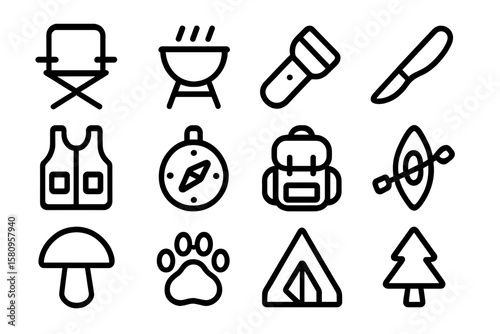 Outdoor adventure icons: camping gear and nature symbols in black outline