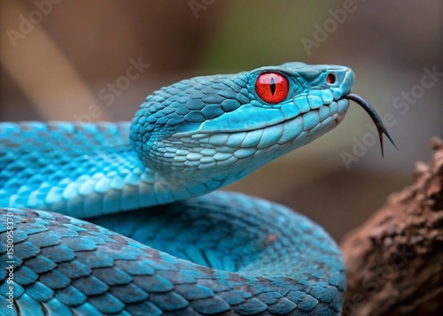 Close-Up of Vivid Blue Viper Snake with Piercing Red Eyes and Forked Tongue