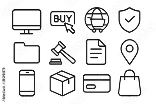 Simple black line icons for e-commerce and online shopping themes