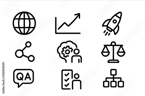 Black linear icons on gray background featuring technology and business concepts