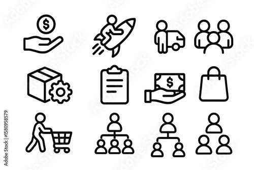 Business icon set with linear design featuring money, delivery, and shopping elements