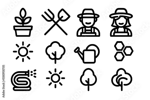 Linear gardening icons: tools, plants, and sun symbols for agriculture design