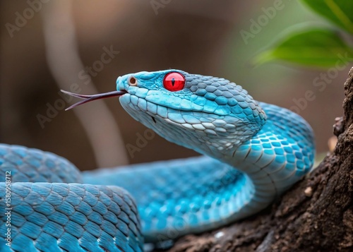Close-Up of Vivid Blue Viper Snake with Piercing Red Eyes and Forked Tongue