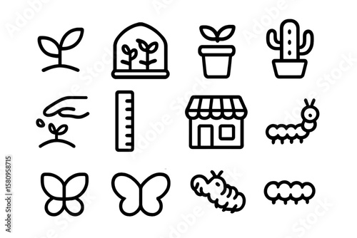 Gardening and nature icons collection: plants, insects, and pots line art set