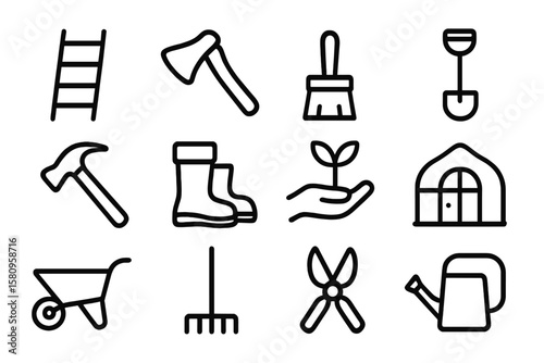 Gardening tools icons set featuring linear design on dark background
