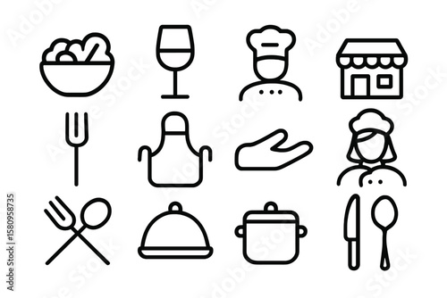 Simple food and cooking icons featuring kitchen and restaurant essentials
