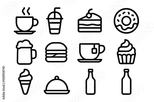 Simple outline icons of food and drinks including coffee, cake, and donut on dark background