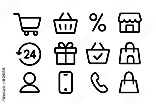 Black icon set: shopping cart, gift box, storefront