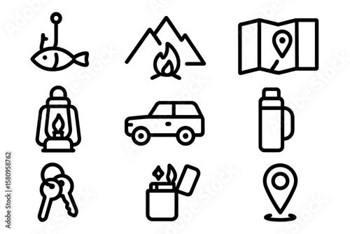 Essential camping icons: minimalist line art collection for outdoor adventures