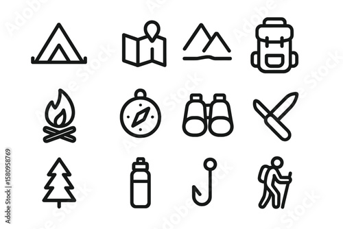 Minimalist outdoor adventure icon set featuring camping and hiking essentials
