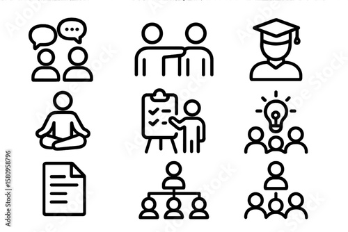Flat icon set: education, communication, mindfulness, teamwork, and leadership