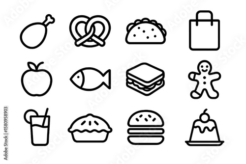 Assorted food and shopping icons in minimalist style on dark background