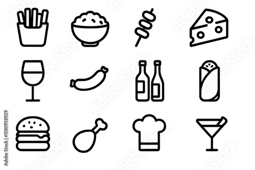 Minimalist line icons set of food and drink elements on dark background