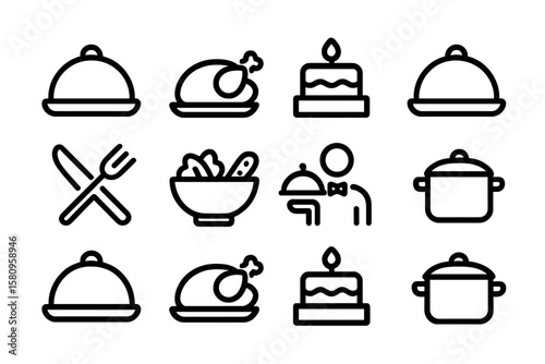 Elegant culinary icons featuring food, dining, and cooking themes in a minimalist linear style